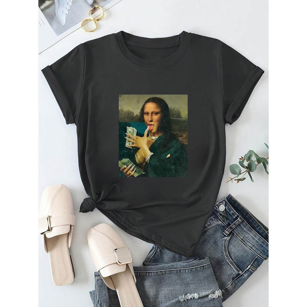 Women Cotton Short Sleeves T-shirts Mona Lisa Cash Parody Women's Tee Funny Art Graphic Casual Black Top
