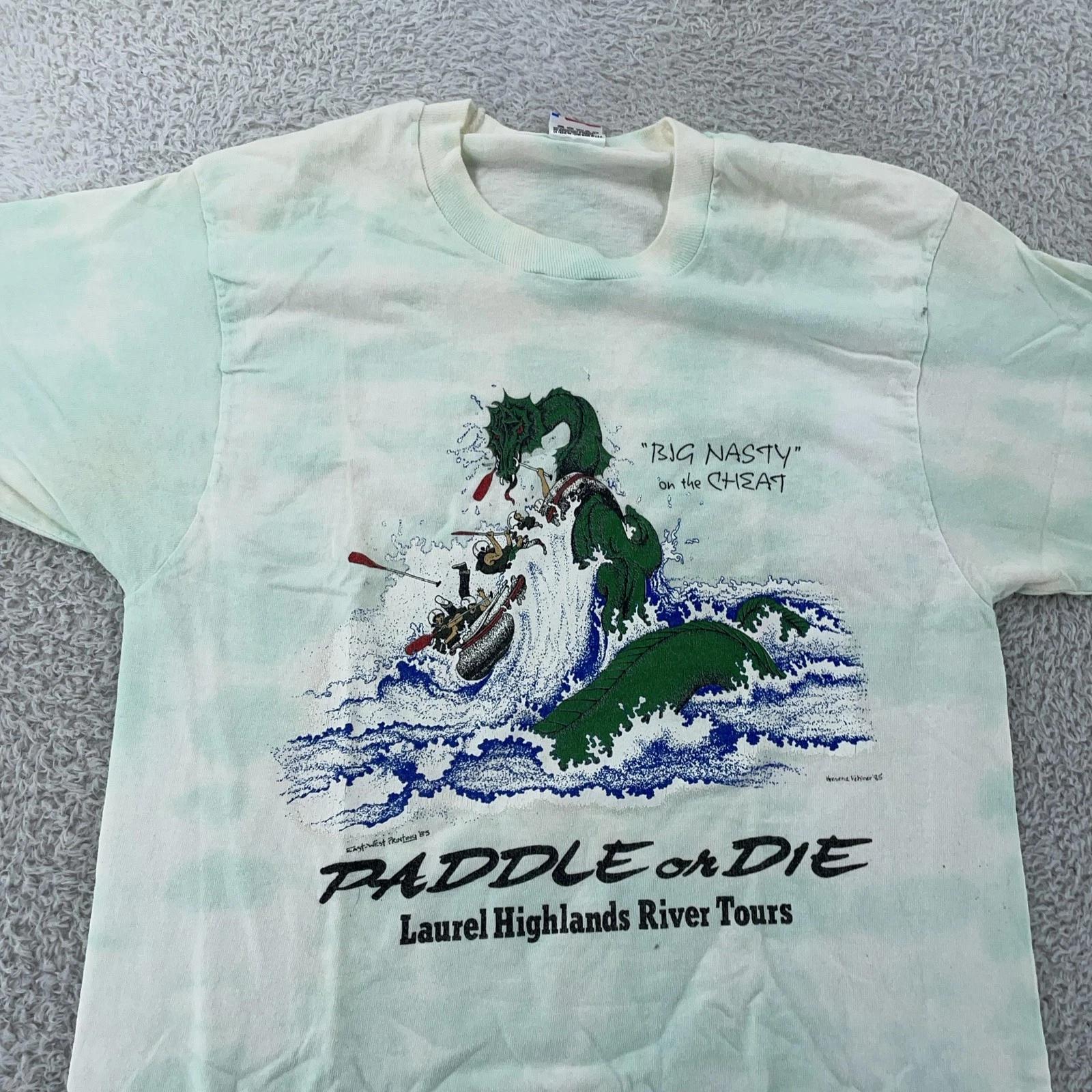 

Vintage Laurel Highlands River Dragon T-Shirt XS LONG Rafting Paddle or Die 80s S