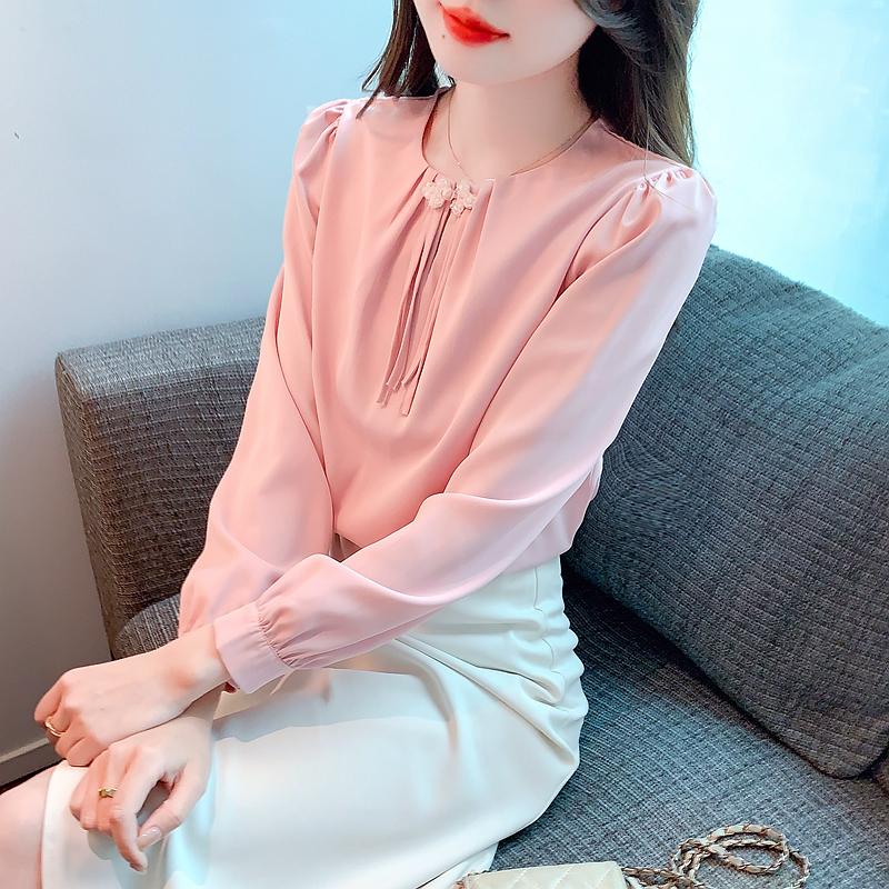Fashion New 2024 Autumn Long Sleeve O-Neck Office Lady Pink Chiffon Blouse Shirt Women Tops Blouses Shirts J477