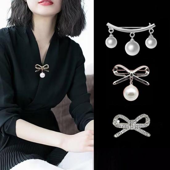 Women Brooch Bowknot Shape Anti-Rust Finish Shawl Clip with Faux Pearl Rhinestones Inlaid Sweaters Scarves Jackets Decorative Anti-exposure Pin