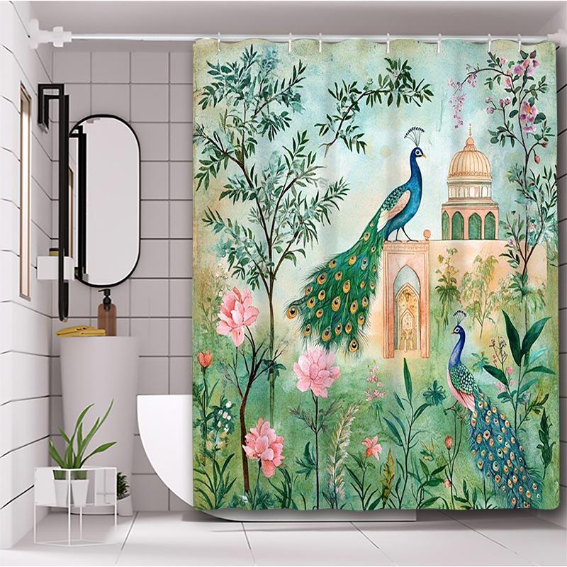Peacock Landscape Pattern Bathing Curtain  Bathroom Letters Shower Curtain Waterproof With 12 Hooks Fishes Home Deco Free Ship