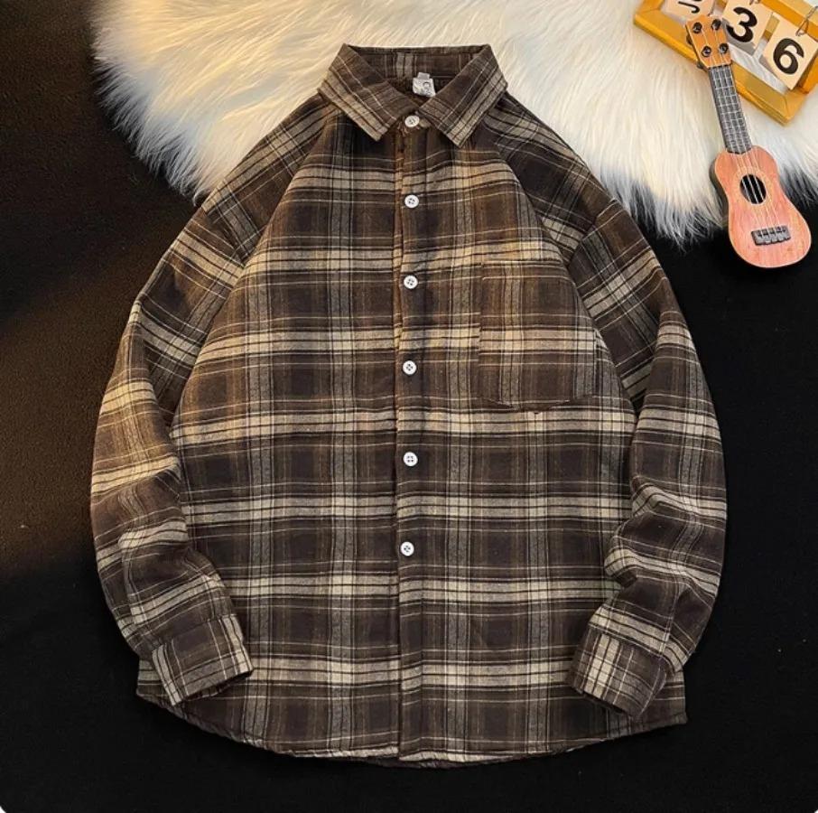 Autumn and Winter Plus Velvet Thick Warm Plaid Shirt Men's Long Sleeved Japanese Retro Loose Casual Shirt Jacket