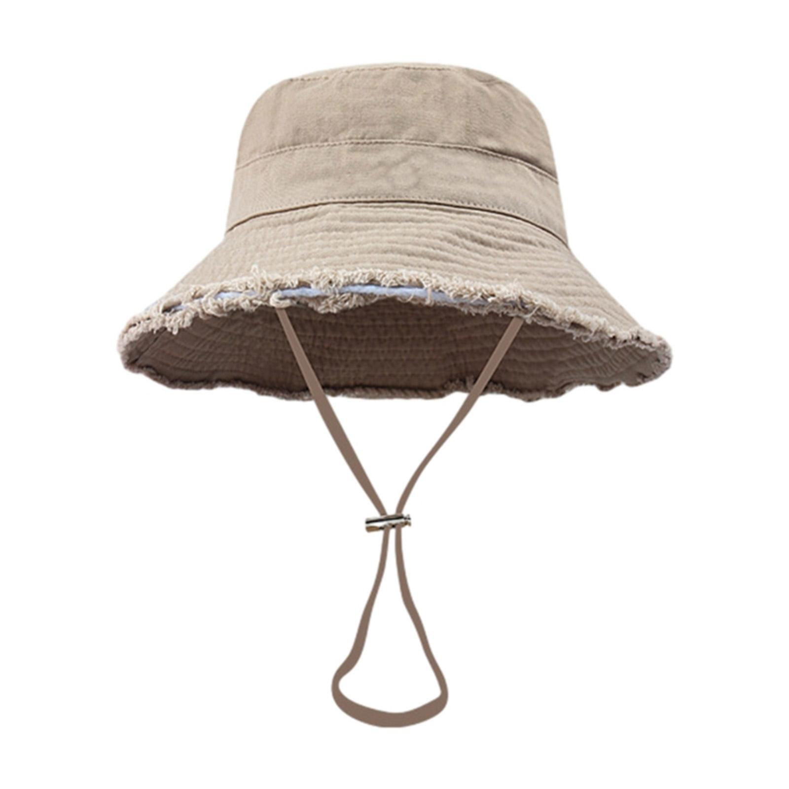 

Unisex Frayed Edge Design Bucket Hat Summer Foldable Fisherman Hat with Adjust Chin Rope Anti-uv Hat for Friend Family хаки