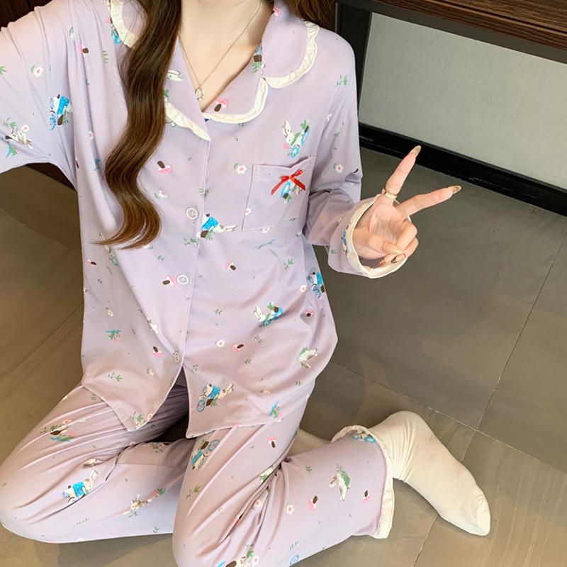 Spring and Autumn New Imitation Cotton Pajamas Women's Sweet Girls Rabbit Long Sleeve Homewear Taro Purple White Two-piece Set