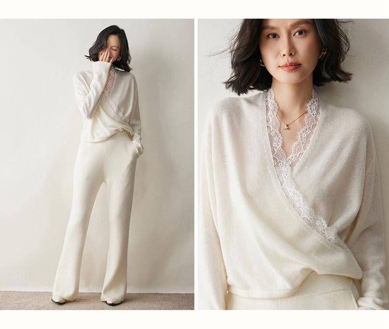 2026 Autumn/Winter Women's V-Neck Cashmere Lace Crossover Wool Sweater