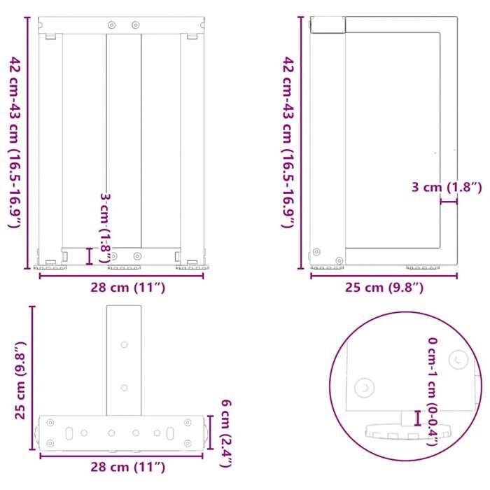 VidaXL Pieds de table basse en T, 2 pièces, noir, 28 x 25 x (42-43) cm, acier 4013023