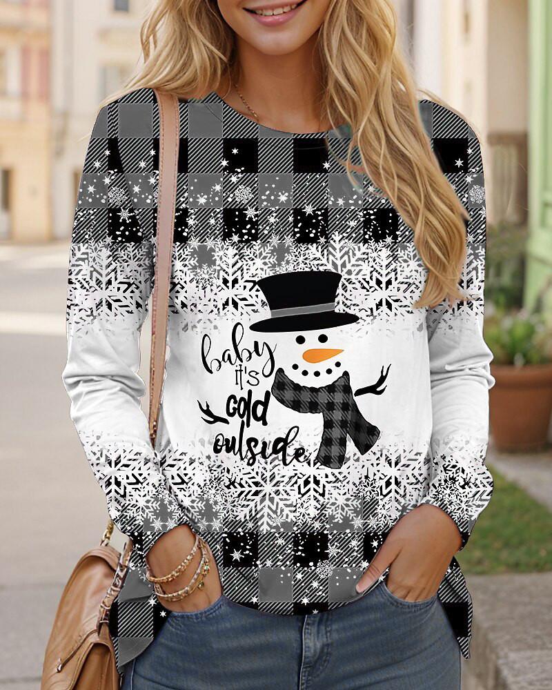 Christmas Snowman Pattern Women Fashion T-Shirts Autumn Winter Long Sleeve 3d Print Plaid Street Christmas Ladies Tee
