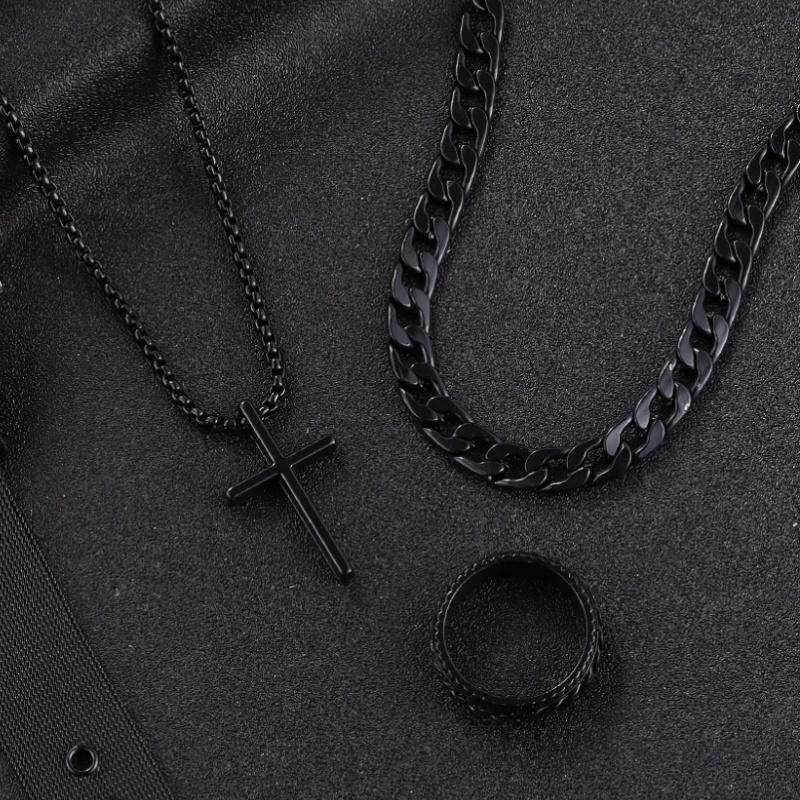 3pcs/set Punk Black Cross Pendant Necklace Thick Chain Bracelet Ring Fashion Zircon Sets Men for Autumn