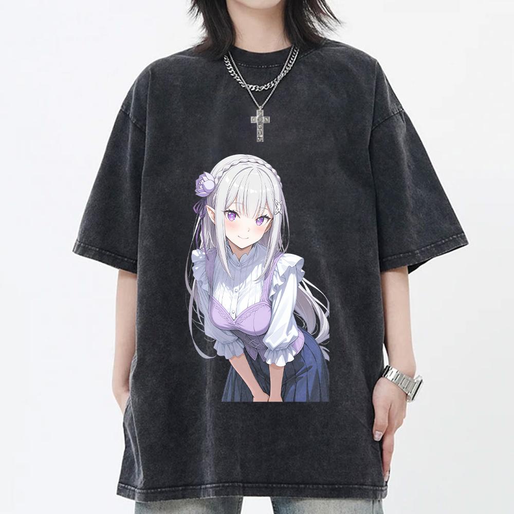 Emilia Re ZERO Starting Life In Another World Anime Clothing Men Women T-shirts Washed T Shirt Retro Cotton Tshirt Harajuku Tops