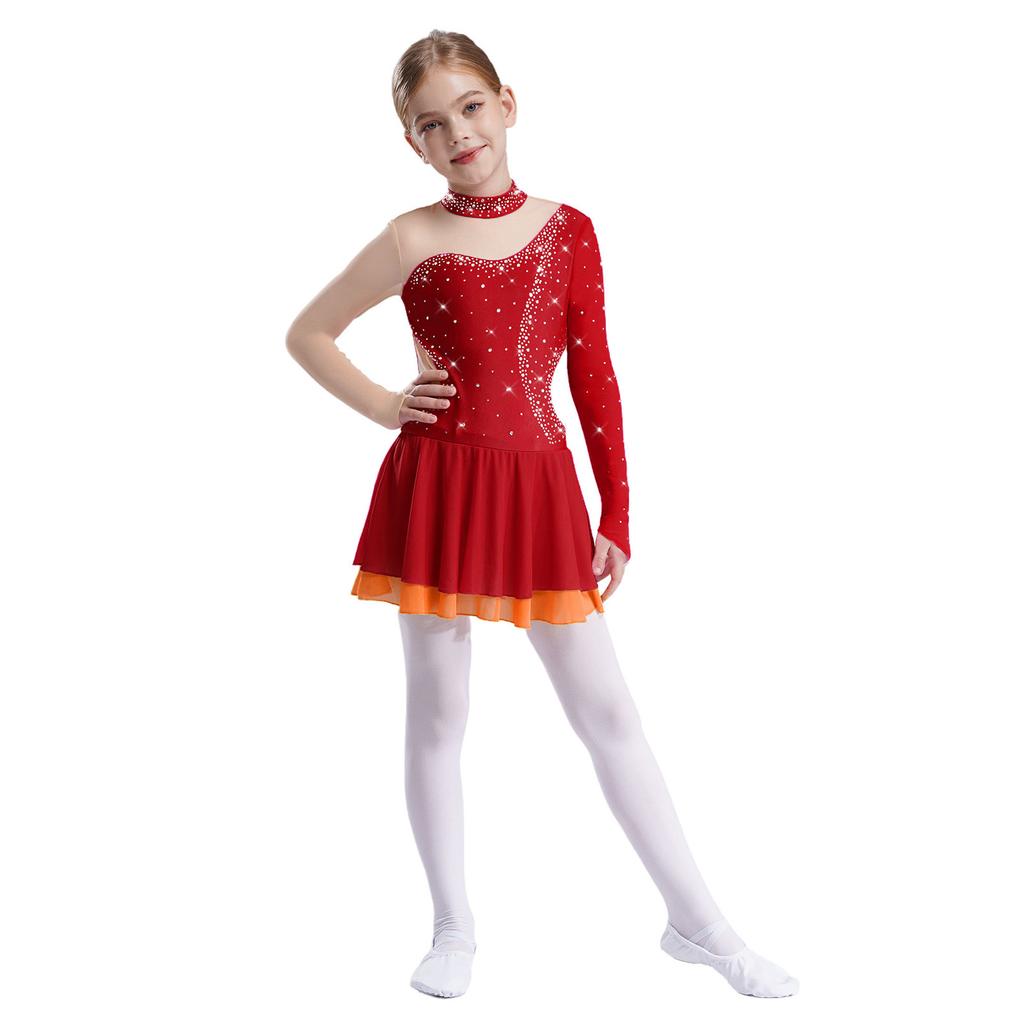 Girls Sparkle Rhinestones Figure Skating Costume Color Block Mesh Patchwork Long Sleeve Keyhole Back Dance Dress