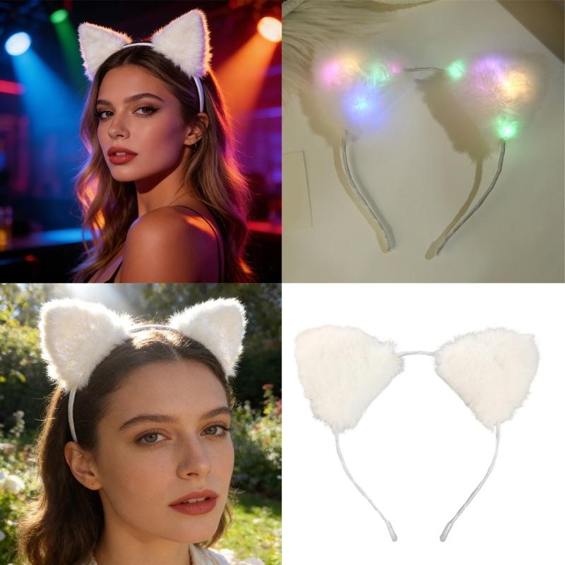 Comfortable Lovely Kitten Ear Headbands With Glowing LED Light For Halloween Christmas Parties Plush Headwear