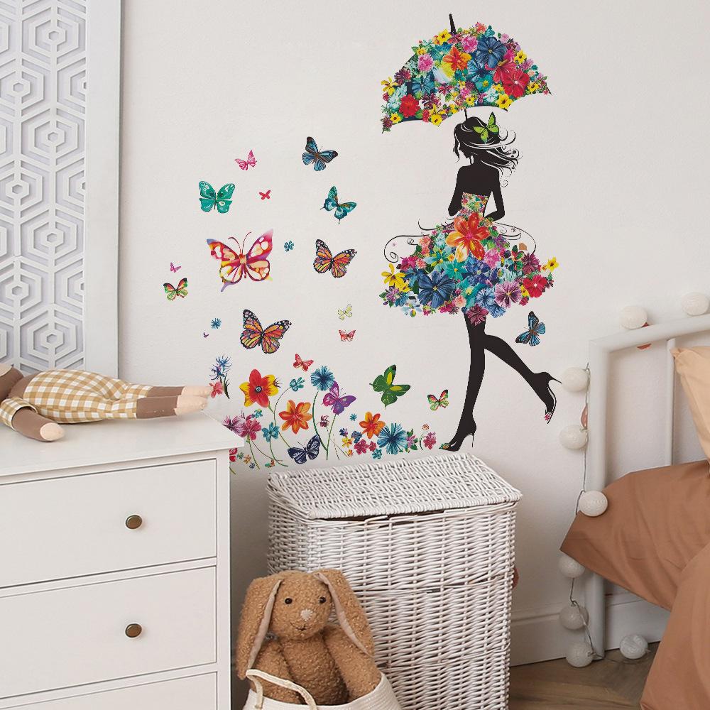 Butterfly Wall Stickers with Girl Silhouette Creative Home Decor for Bedroom Living Room Hallway Background Wall Art Decal