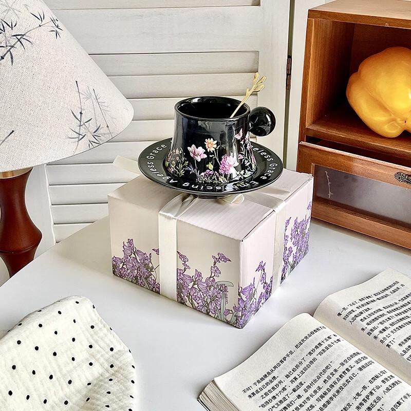 250ml Black Floral Ceramic Coffee Mug with Saucer Set