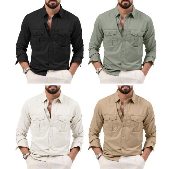 Fall Spring Men Shirt Retro Single-breasted Lapel Long Sleeves Cardigan Chest Pockets Buttons Washed Solid Color