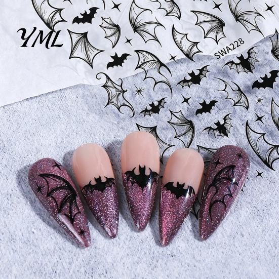 Women Nail Art Halloween Gothic Bat Stickers, Black Cat Bow Manicure Decoration Waterproof Stickers Decals, Girls Accessories for Holiday Party