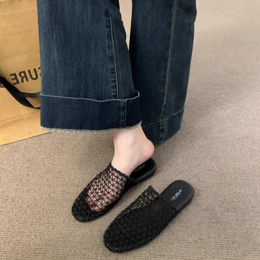 Cool Summer Mesh Woven Breathable Soft Bottom Bag Head Half Slippers Women's 2025 New Versatile Outer Wear Fishing Net Sandals
