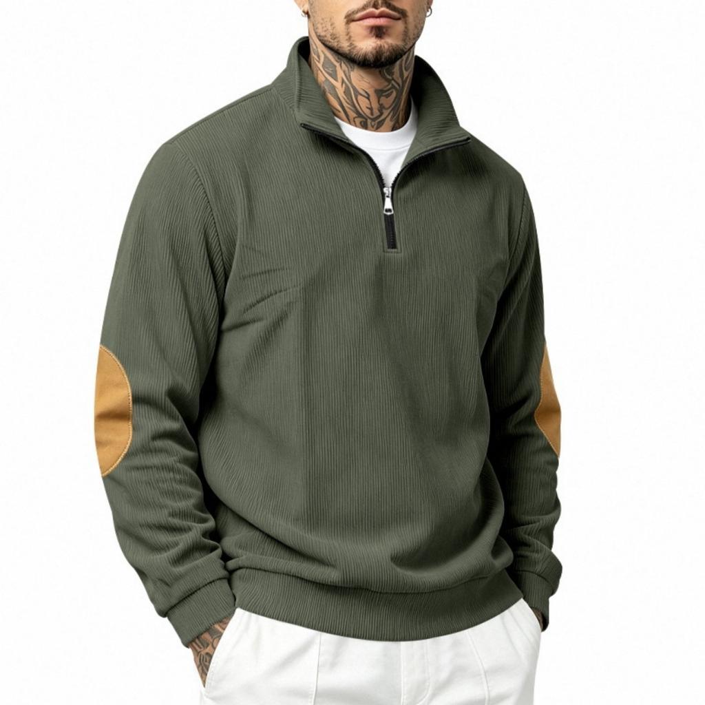 Men's Half-Zip Hooded Long Sleeve Loose Fit Sweatshirt with Paneled Stitching