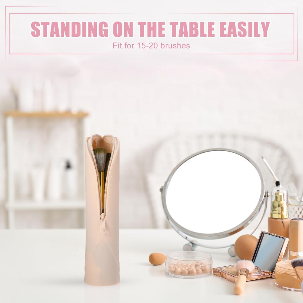 VOCOSTE Silicone Makeup Brush Travel Makeup Brush Silicone Cosmetic Brush Makeup Portable Travel Makeup Brush Khaki Bag, Stand-Up Holder, Pouch, Bag,