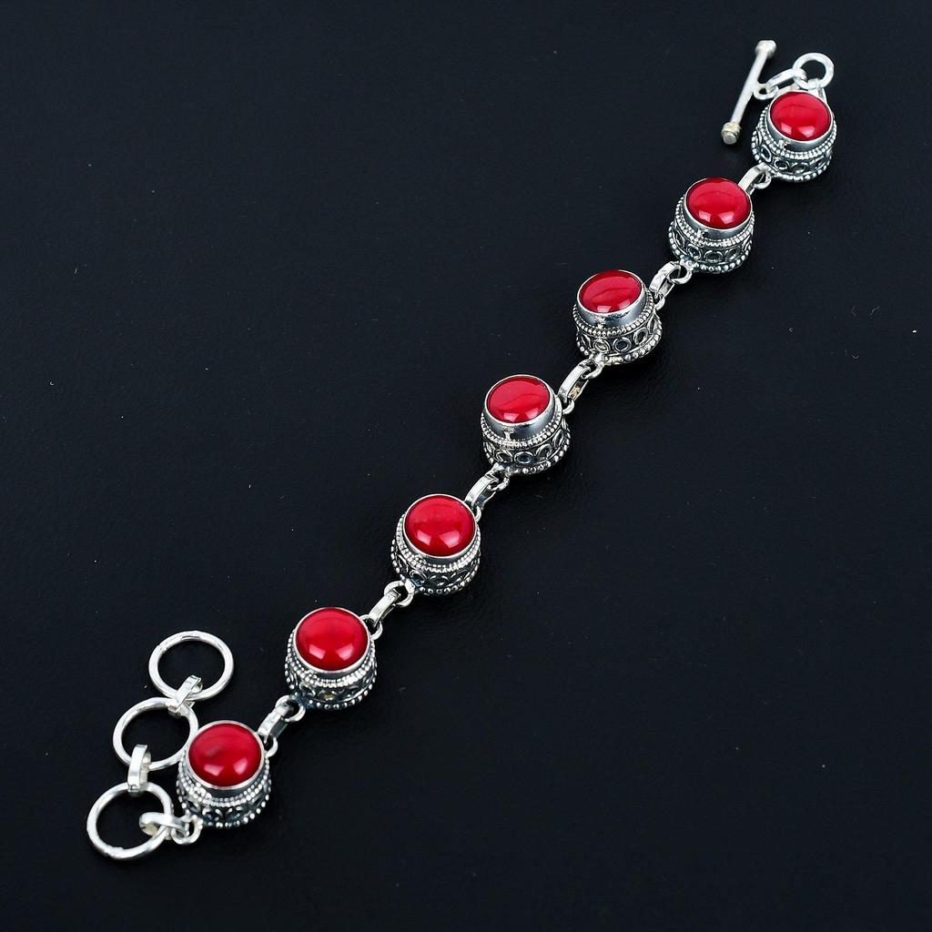 Natural Red Coral Bracelet 925 Sterling Silver Bracelet Adjustable Chain Bracelet Handmade Boho Bracelet Red Coral Gemstone Jewelry Engagement Gifts
