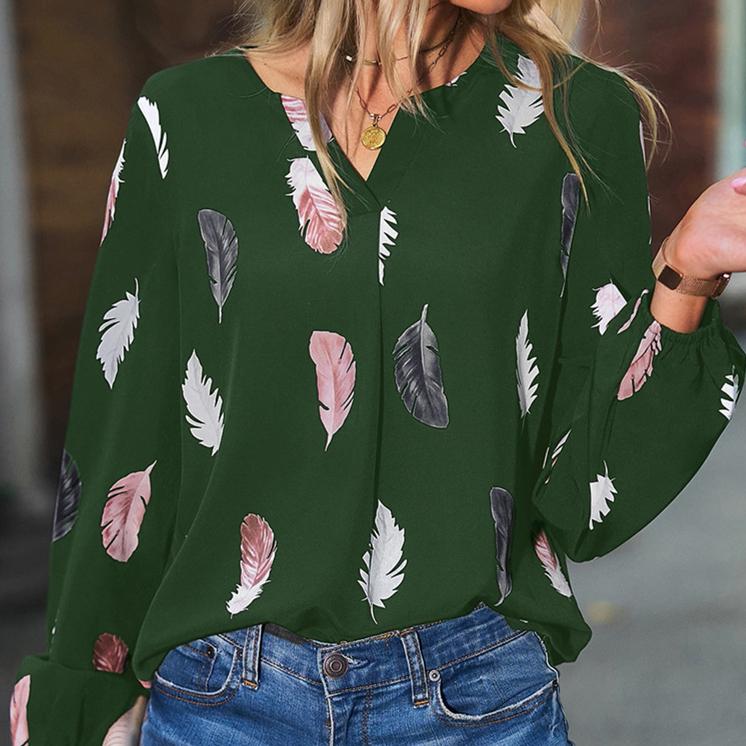 YYFS Women's Fashion Casual Spring Autumn Feather Print Long Sleeve V-Neck Blouses & Shirts