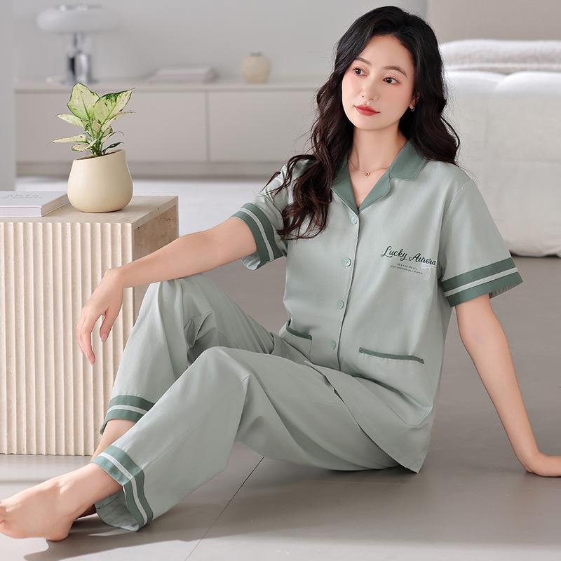 Pajamas women's summer cotton short-sleeved trousers thin summer 1011 new large-size summer cardigan loungewear