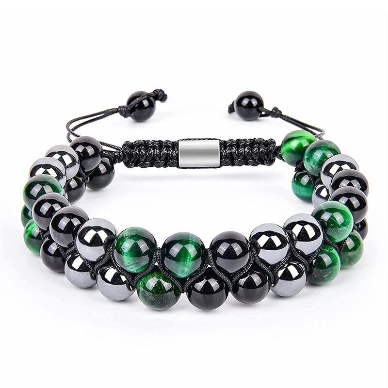 Stone Bracelet Men Women Healing Natural Stone Hematite Black Onyx Double Row Bracelet Adjustable Yoga Beads