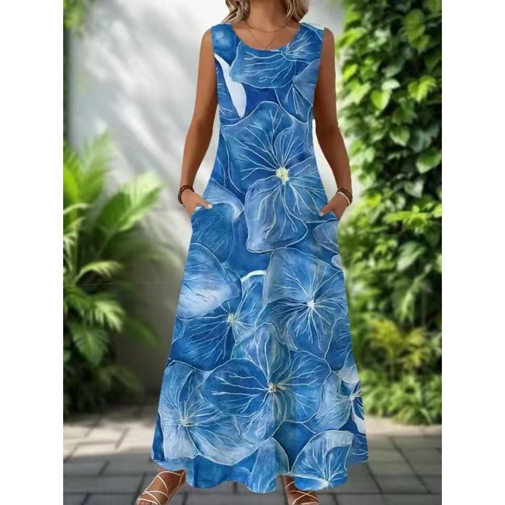 Women's Round Neck Sleeveless Floral Print Maxi Dress Loose Fit Casual A-Line Dress with Pockets