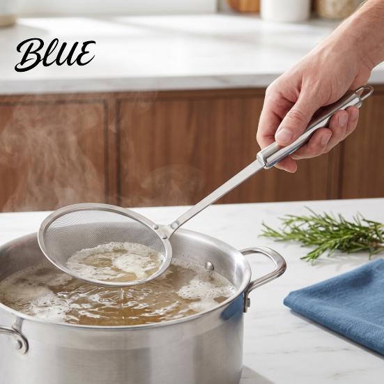 Long Handle Frying Skimmer Stainless Steel Fine Mesh Skimmer, 100-Mesh Oil Strainer Spoon with Heat Resistant Food Handle, Kitchen Ladle for Soup Foam