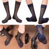Mens Business Soft Breathable Nylon Sheer Dress Socks Thin See Through Silk Ribs Striped Calf Socks for Formal Use