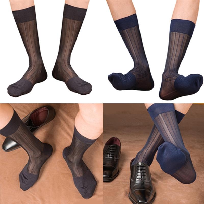 Mens Business Soft Breathable Nylon Sheer Dress Socks Thin See Through Silk Ribs Striped Calf Socks for Formal Use