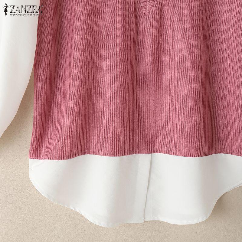 ZANZEA Women Turn Down Collar Long Sleeve Patchwork Casual Blouse