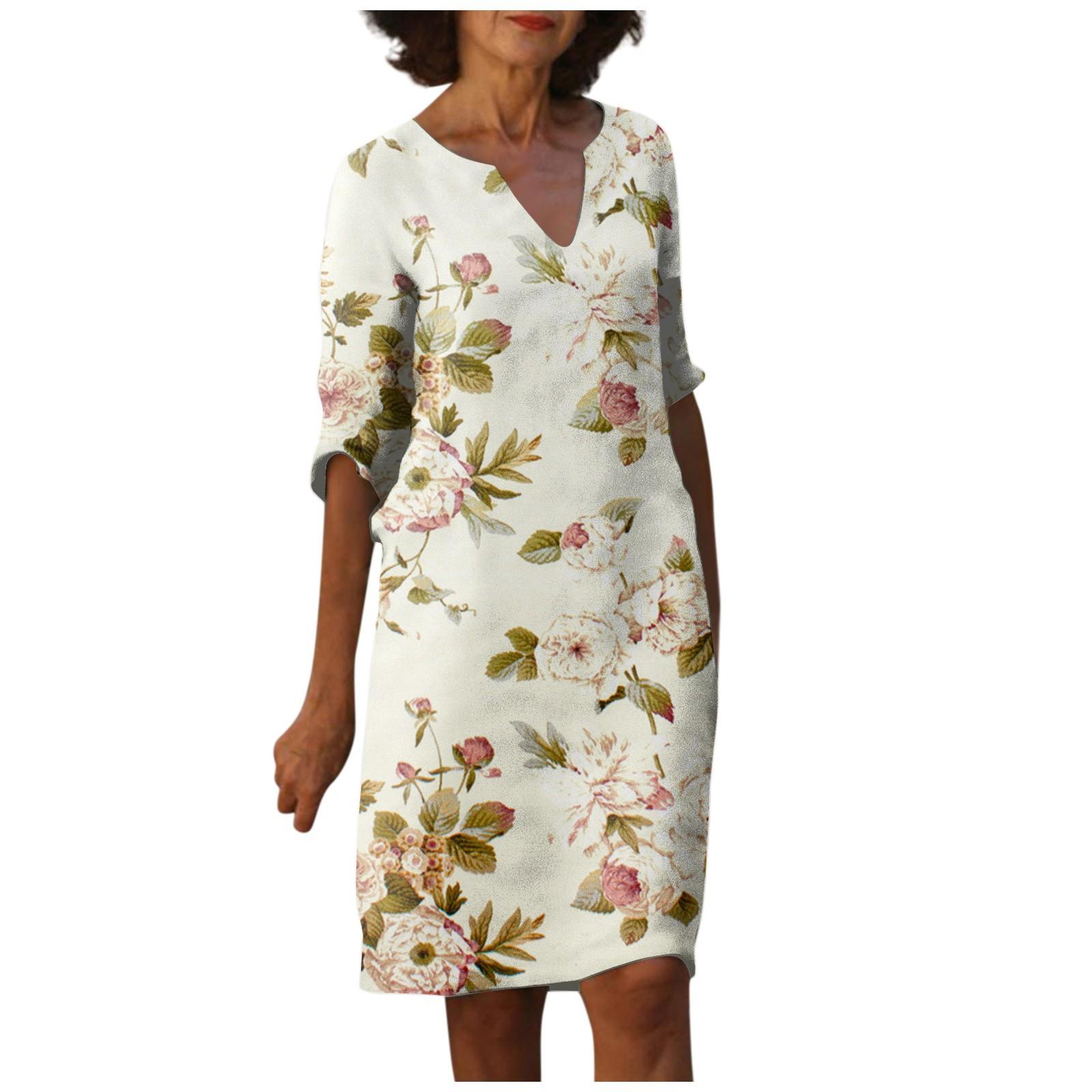 

Женские летние винтажные платья с цветочным принтом и v-образным вырезом до половины рукава, платья L бежевый