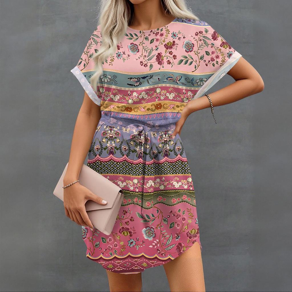 Womens Summer Short Dresses O Neck Casual Batwing-Short Sleeve Belted Dress For Women