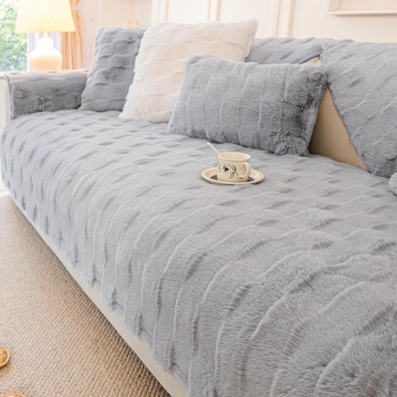 Faux Rabbit Fur Winter Sofa Cushion Solid Color Thickened Warm Sofa Cover Living Room Decoration High-End Anti Slip Sofa Blanket