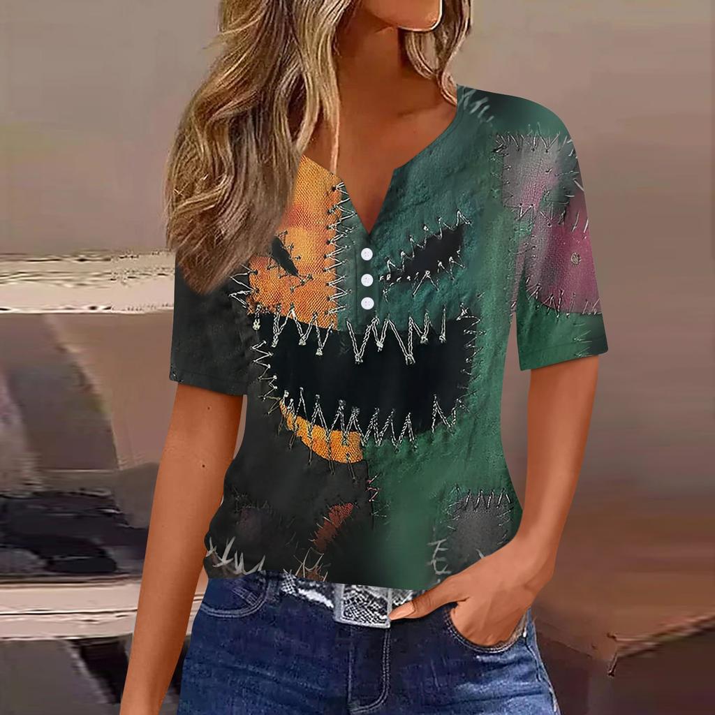 Women's Casual V Neck Short Sleeve Button Front Top Halloween Print Lightweight Blouse for Everyday Wear