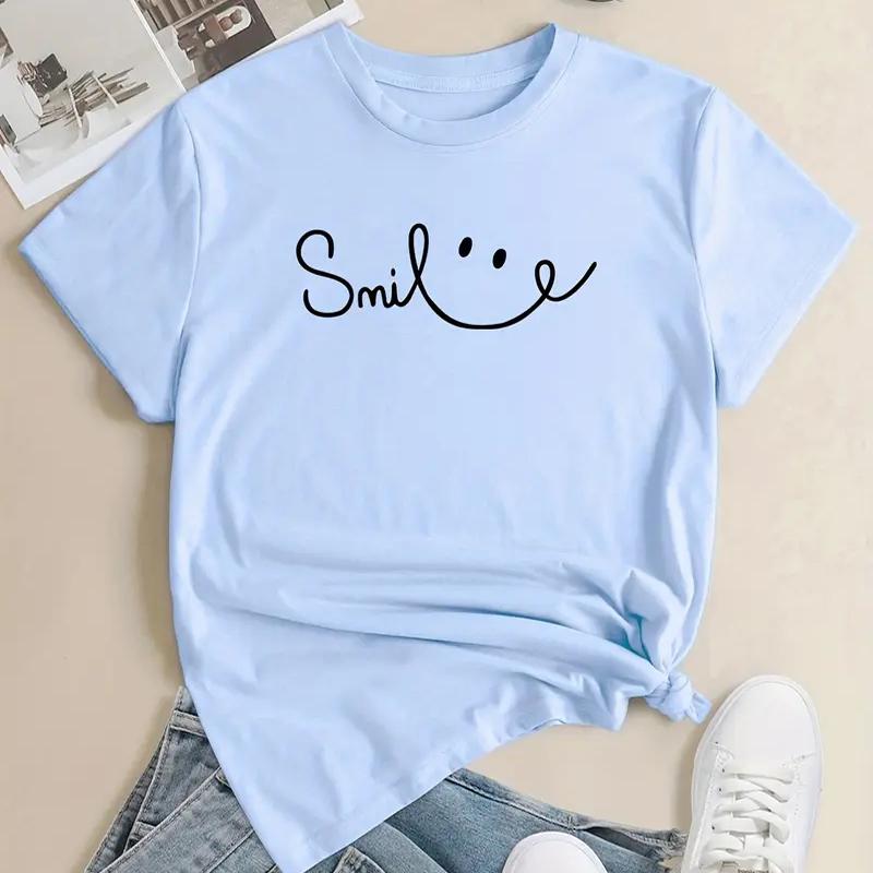 Women Summer T Shirt  Print Smiling Graffiti Short Sleeve Tees Casual   Printed  Tops