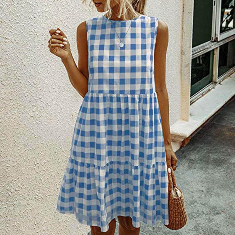 Fashion Women Plaid Short Dress Pockets 