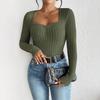 Women's U-Neck Long Sleeve Pleated Slim Fit Casual T-Shirt