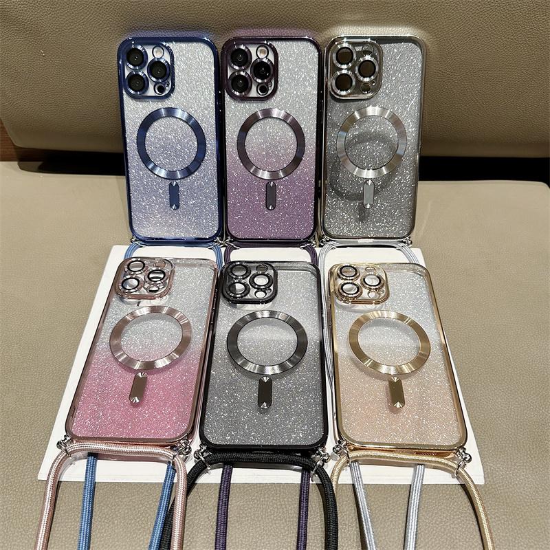 Magnetické pouzdro Crossbody Lanyard Gradient Glitter pro iPhone 14 13 12 11 Pro Max /Samsung S23 S22 Ultra S21 Plus Magsafe Plating Soft TPU zadní kryt