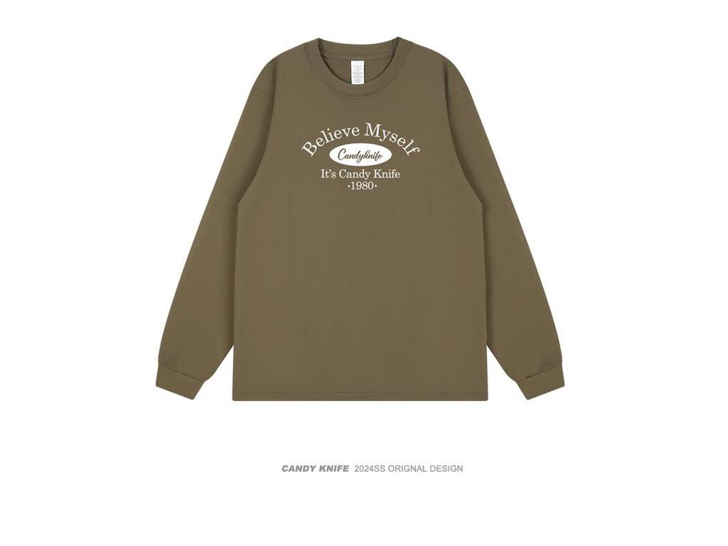 Trendy Unisex Hong Kong Style Logo Print Long Sleeve Cotton T-Shirt with Ribbed Cuffs