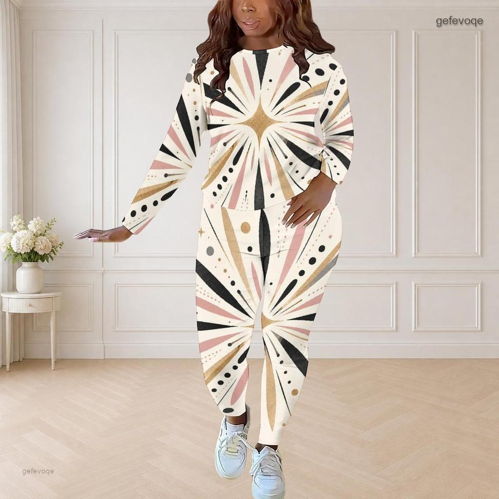 Women Plus Size Round Neck Long Sleeve Floral Printed Top And Fitted Pants Two Piece Set
