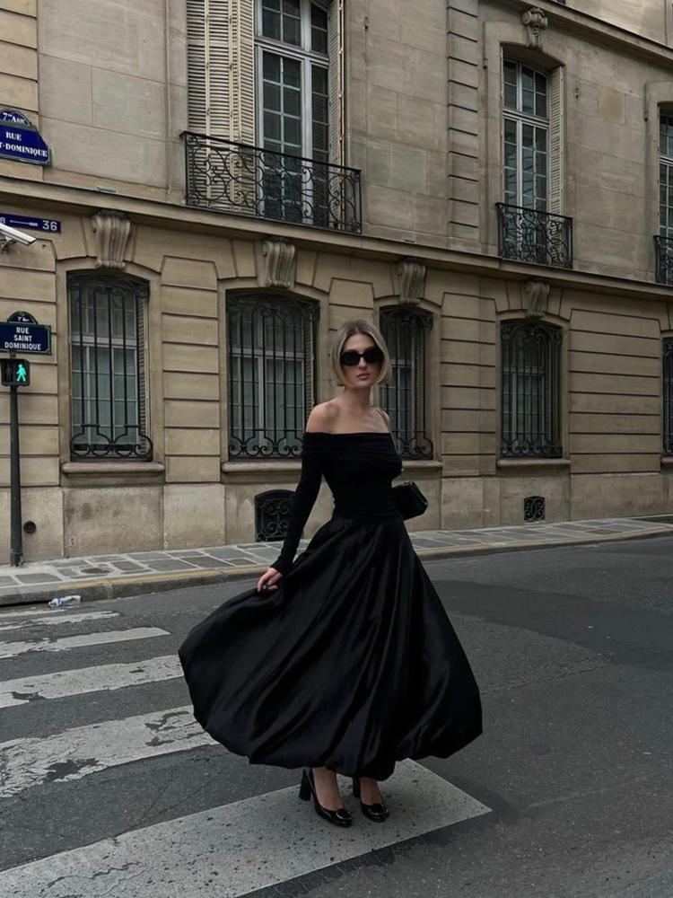 Balloon Skirt Long Women Satin Vintage Loose High Waist A