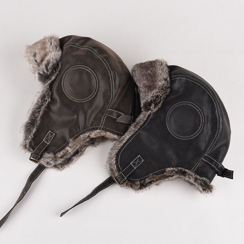Women Men Leather Winter Trapper Hat Ear Protection Faux Fur Lined Ski Ushanka Windproof Thicken Warm Snow Cap With Ear Flap