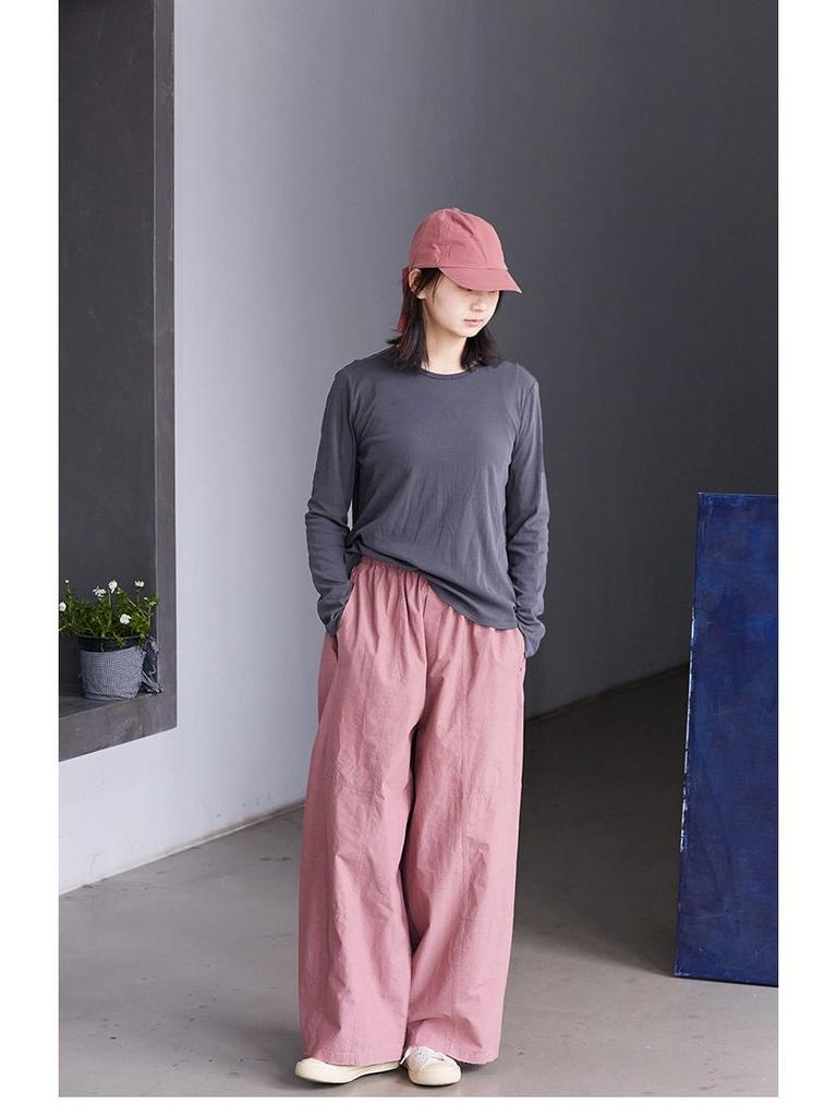 Spring/Summer Retro Smoky Gray Ultra-Thin Stretch Long-Sleeve Round-Neck Knit T-Shirt