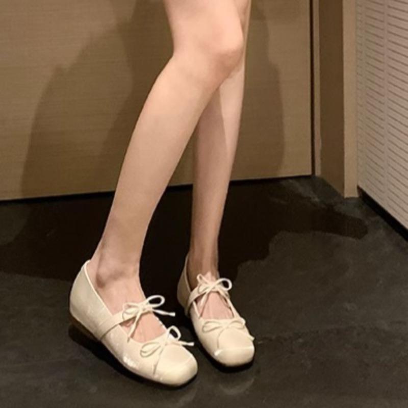 Fashion Flat Inside Heightener Single Shoes Autumn New Square Toe Shallow Bow One Strap Soft Sole Non-Slip Low Top Shoes