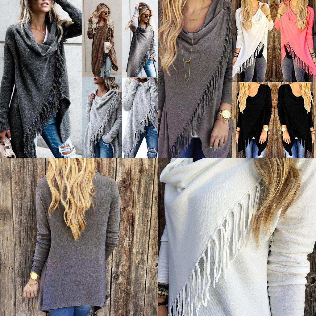 Elegant Women's Irregular Tassel Cardigan Sweater Poncho Shawl With Classic Design