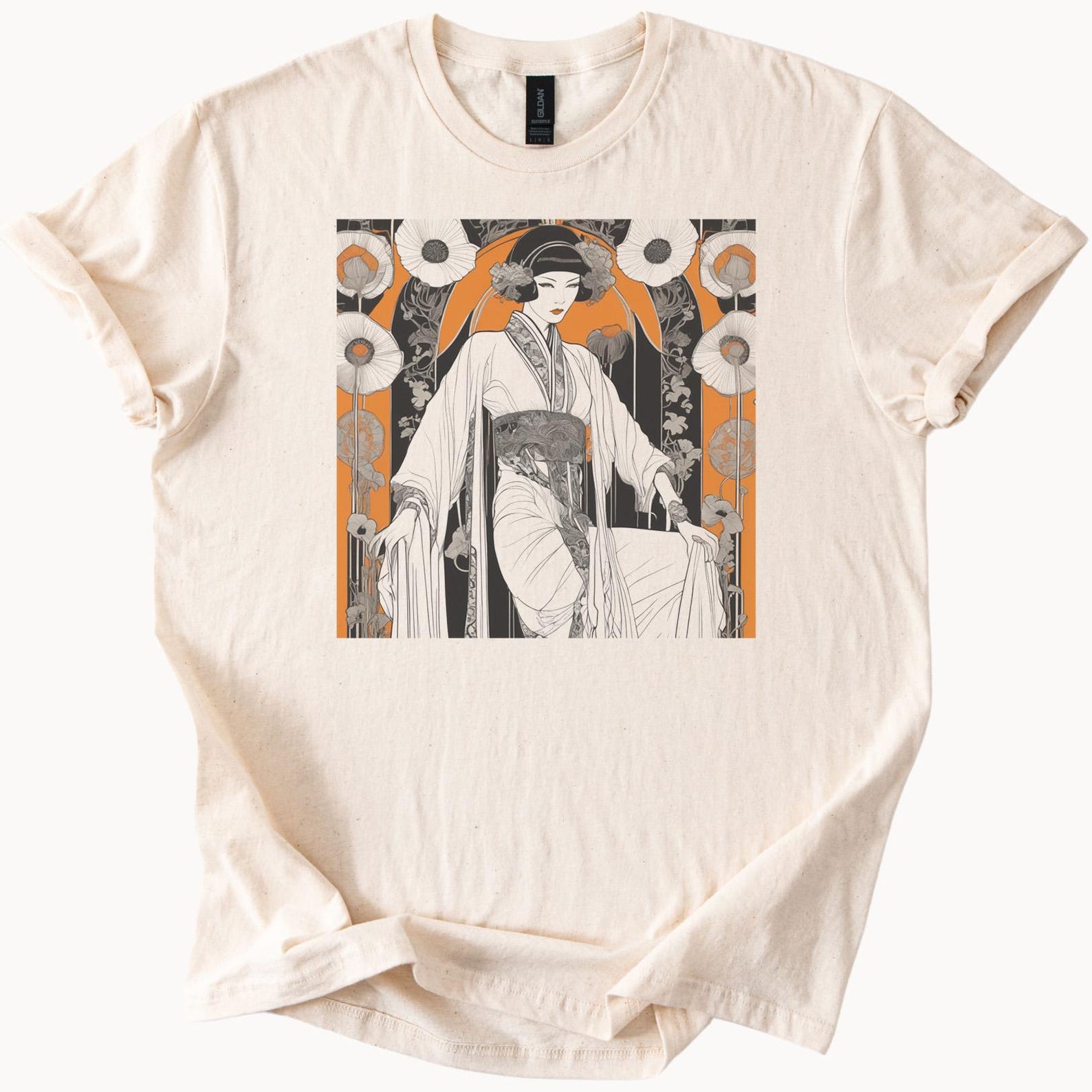 art nouveau japanese style geisha kimono floral poppy graphic t shirt 100