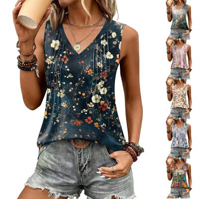 Women Sleeveless V Neck Tank Top Loose Fit Floral Print Summer Casual Blouse Lightweight Soft Fabric Comfortable Wear