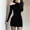 New Autumn and Winter Pure Black Dress with Hollow-Out Bodycon Design, Slimming and Sexy Mid-Length Dress