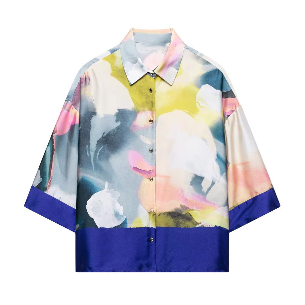 

Spring/Summer 2025 Women s Versatile Silk Satin Print Shirt Large синий